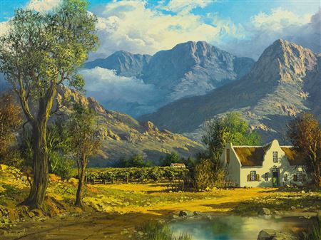 Michael Albertyn : Mountain Landscape with Cape Dutch Cottage