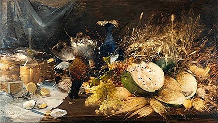 Karl Merode : Still life with a bottle of wine, oysters and a melon