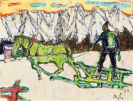 Alois Carigiet : Farmer with horse drawn sledge in a winter landscape. 1964.