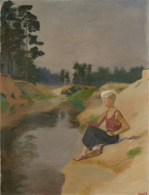 Alexei Fedorovic Pakhomov : Vyritsa. Landscape with a Boy Fishing