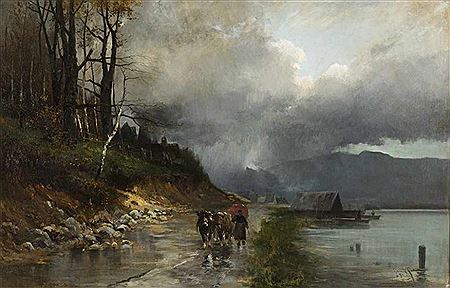 Heinrich Richard Reder : Bäuerin mit zwei Ochsen auf dem Weg am Ufer eines Sees. Stimmungsvolle Schilderung bei abziehendem Gewitter