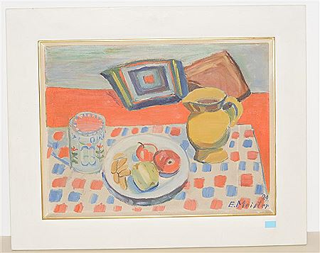 Eugen Meister : Still life with fruit, a jug of wine and glass, 1929