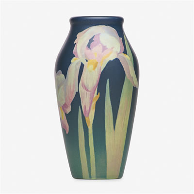 Harriet Elizabeth Wilcox : Exceptional Painted Mat vase with irises on a dark ground