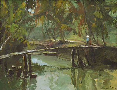 Tran Van Giau : COUNTRY SCENE WITH A VILLAGE BRIDGE