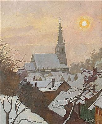 Karl Fuchs : 'Frauenkirche in Esslingen', Blick auf den Kirchturm der Frauenkirche durch die schneebedeckten Dächer