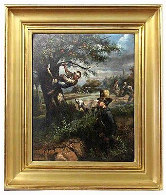 Hippolyte Portelette : Children stealing apples from the tree. While most can escape, a boy is caught