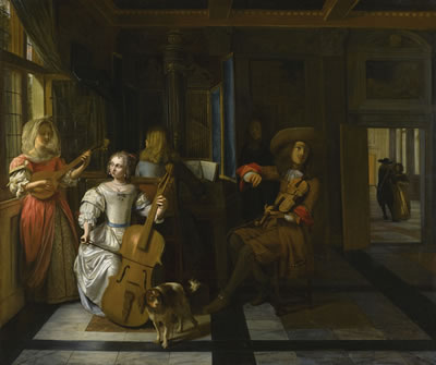 Pieter De Hooch : INTERIOR WITH ELEGANT FIGURES PLAYING MUSIC