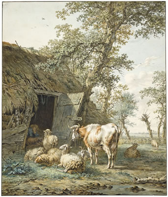 Jan Baptist Kobell II : A SHEPHERD RESTING IN A COWSHED, WHILE HIS FLOCK LOOK ON