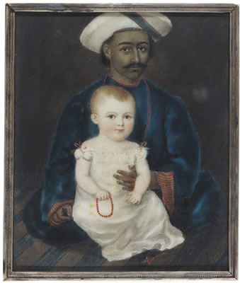 Edward Nash : PORTRAIT OF MRS CHARLES TUCKER, WHEN A CHILD, SEATED IN THE LAP OF AN INDIAN SERVANT, CIRCA 1805