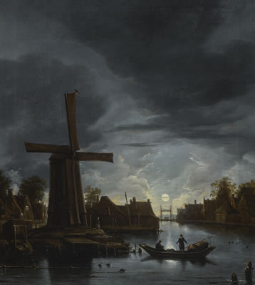 Anthonie Borssom : A MOONLIT RIVER LANDSCAPE WITH FISHERMEN NEAR A WINDMILL