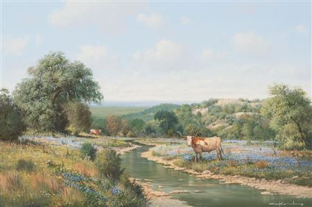 George Kovach : Bluebonnets with Longhorn