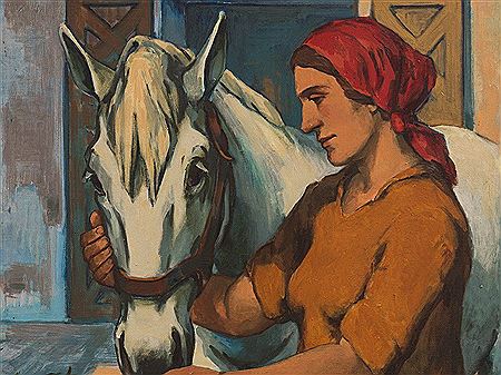 Erich Fraass : Farmwoman with White Horse, c. 1950