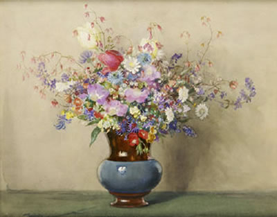 Wycliffe Egginton : Still Life with Spring Flowers in Lustre Vase