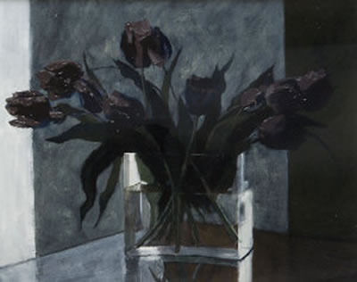 Rosemary McLoughlin : Black Tulips in a Glass Vase