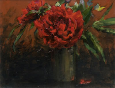 Rosemary McLoughlin : Red Peonies In An Ochre Vase