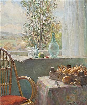 Ernest Columba Hayes : Still Life with Canework Chair and Crate of Onions