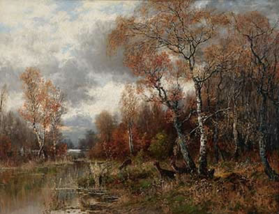 Eduard Josef Muller : Rehwild am herbstlichen Waldteich