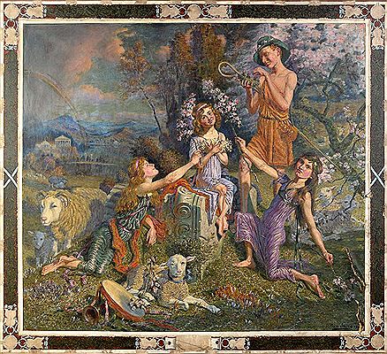 William C Irving : AN ARCADIAN SCENE INCORPORATING PORTRAITS OF THE SON AND THREE DAUGHTERS OF THE REV. THOMAS WILSON WITH GRECIAN TEMPLE, A RAINBOW AND APPLE-BLOSSOM