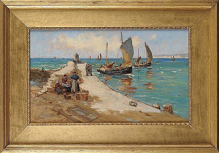 John William Gilroy : A HARBOUR PIER AND FISHING BOATS ON THE YORKSHIRE COAST