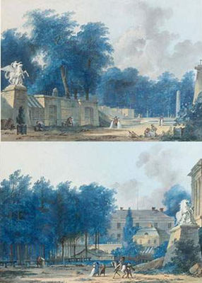 Antoine Pierre Mongin : Vue présumée de l'entrée des Tuileries avec les groupes des chevaux de Marly and Vue présumée de l'entrée de la place de la Concorde (a pair)