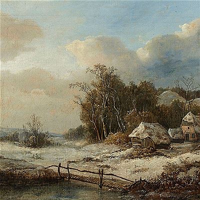 Johannes Maurisz Jansen : Winterlandschaft mit Brücke über Flusslauf und Bauerhäuser