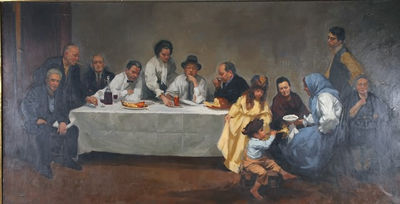 Harvey Dinnerstein : Panoramic scene of Jewish dinner with 12 figures