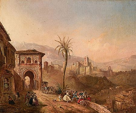 Antonio Brugada Vila : Vista de Granada con la Alhambra al fondo, tomada desde el antiguo mirador de San Nicolás en el Albaicín,; con la iglesia de San Pedro y San Pablo y el antiguo caserío del Paseo de los Tristes. 1858