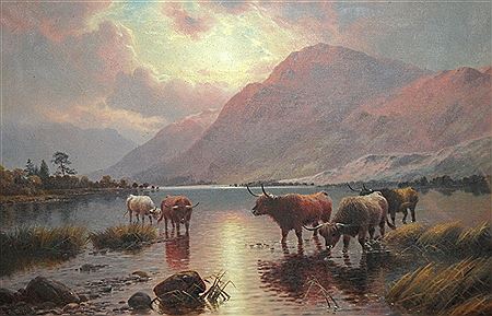 Henry Robinson Hall : HIGHLAND CATTLE LOCH VENACHAR, (EARLY MORNING)  HIGHLAND CATTLE LOCH LOMOND, (SUNSET)  (2)