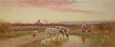 Tom Lloyd : CATTLE AND DUCKS BEFORE A VILLAGE