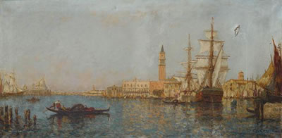 Charles Eugene Cousin : Le palais des Doges et Notre Dame de la Salute depuis le quai des Schiovani