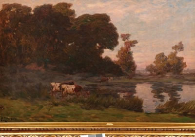 Clovis Frederick Terraire : PAYSAGE AUX DEUX VACHES PRES DU LAC