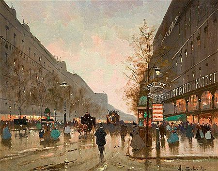 Henri Alexis Schaeffer : Vue de Paris : l'angle du boulevard des Capucines et de la place de l'Opéra au crépuscule