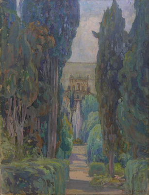 Frederick Gottwald : Landscape with cypress trees and a villa