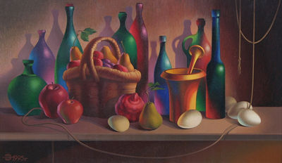 Eldar Efendiev : Still Life with Autumn Fruit and Bottles