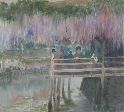 Yamada Baske : Balcony with Figures and Wisteria