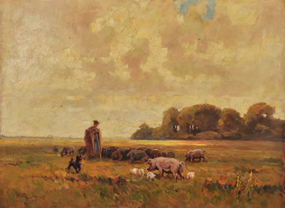 Janos Rakosi-Uitz : Landscape with herdsman, a drove of pigs and a bouvier