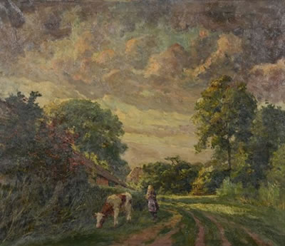 Ernest Midy : Paysage de campagne avec vache et petite fille.