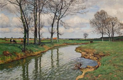 Wilhelm Fritzel : Niederrheinische Flußlandschaft im Frühling