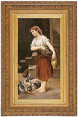 Rafael Julia Entraigues : Girl feeding rabbits and Girl with a child (pair)