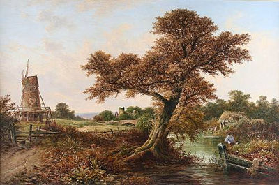 Walter Williams : Figures in a tranquil river landscape by a windmill