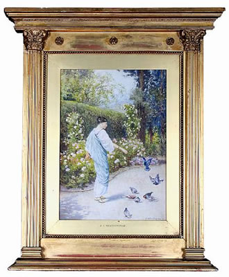 Alfred C Weatherstone : An elegant lady in a garden feeding the birds