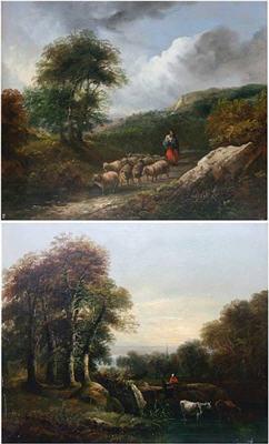 John Joseph Barker of Bath : Girl herding sheep in a landscape; river landscape with cattle watering, a pair