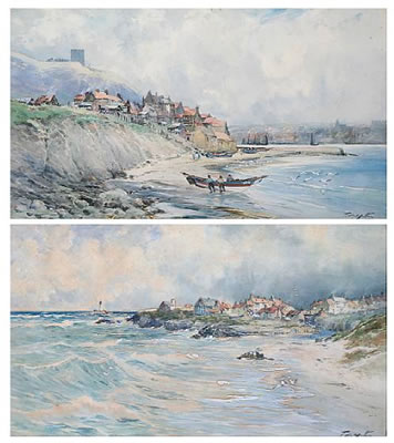 Thomas Swift Hutton : Fishermen on the shore, Whitby, and another, thought to be of fishermen's cottages and St Mary's lighthouse, at Whitley Bay (2)