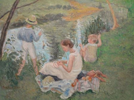 Pierre Eugène Clairin : Partie de pêche à la ligne au moulin du haut bois à Pont Aven, 1933