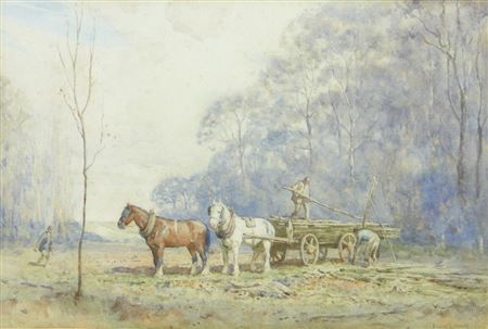 Ernest G Beach : Farm workers loading a horse drawn timber wagon