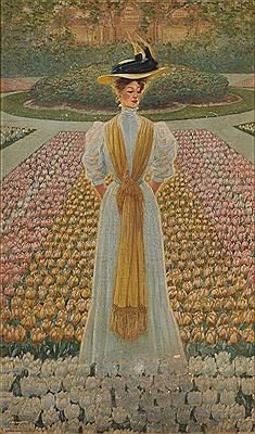 Louis John Rhead : Edwardian lady in a bed of tulips