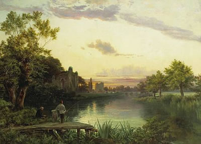 Joseph Paul Pettitt : Anglers at sunset by the ruins of an abbey with a village beyond