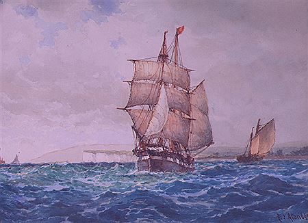 Frederick James Aldridge : Ship under full sail off a chalk headland