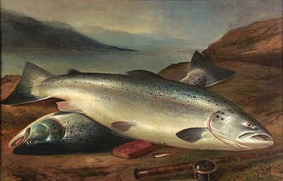 Henry Leonidas Rolfe : A brace of salmon on the banks of Loch Tay