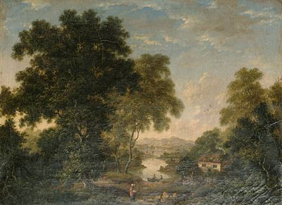 Robert Woodley-Brown : Along a wooded river, a figure before a cottage in the foreground